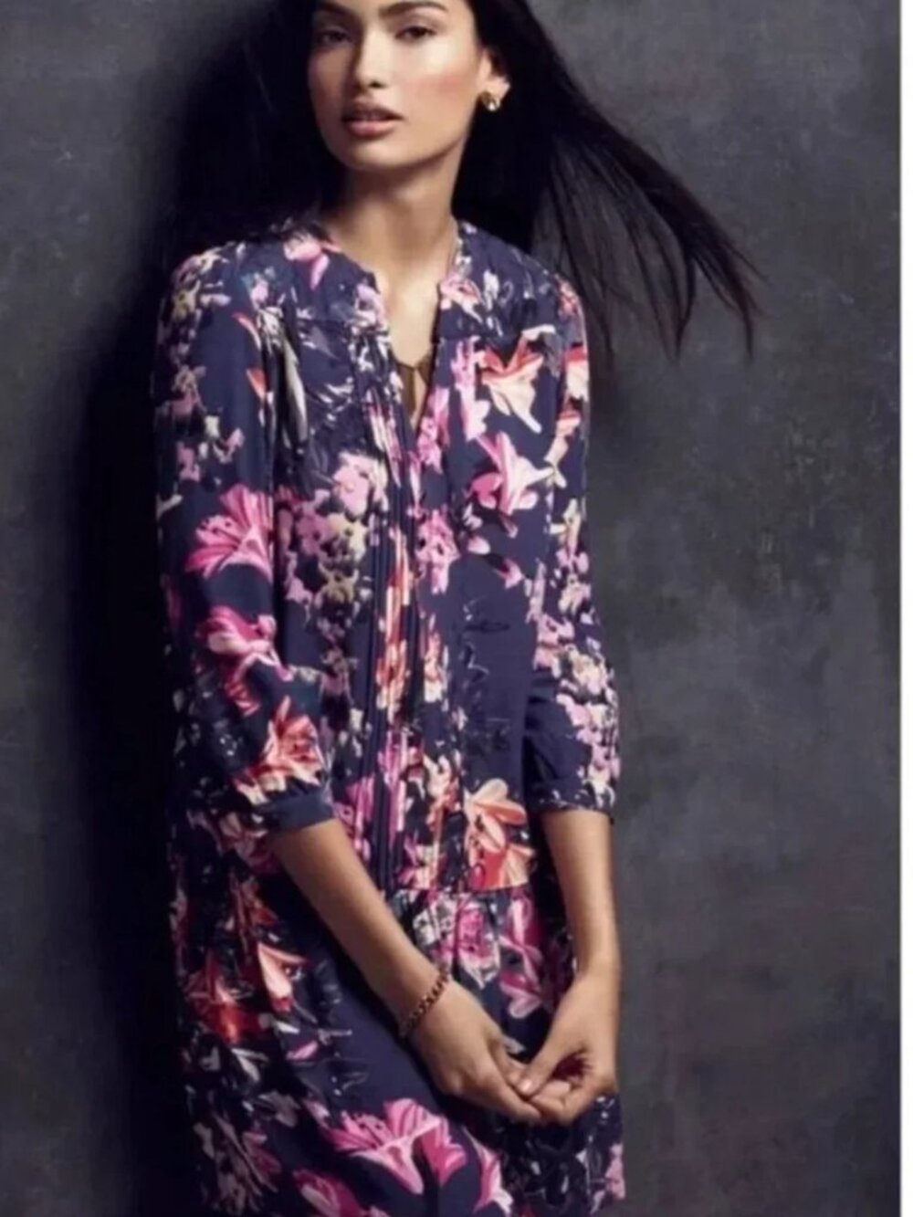 Maeve Anthropologie Caravane Floral Drop Waist Tunic Dress Medium Pintuck - Picture 2 of 7